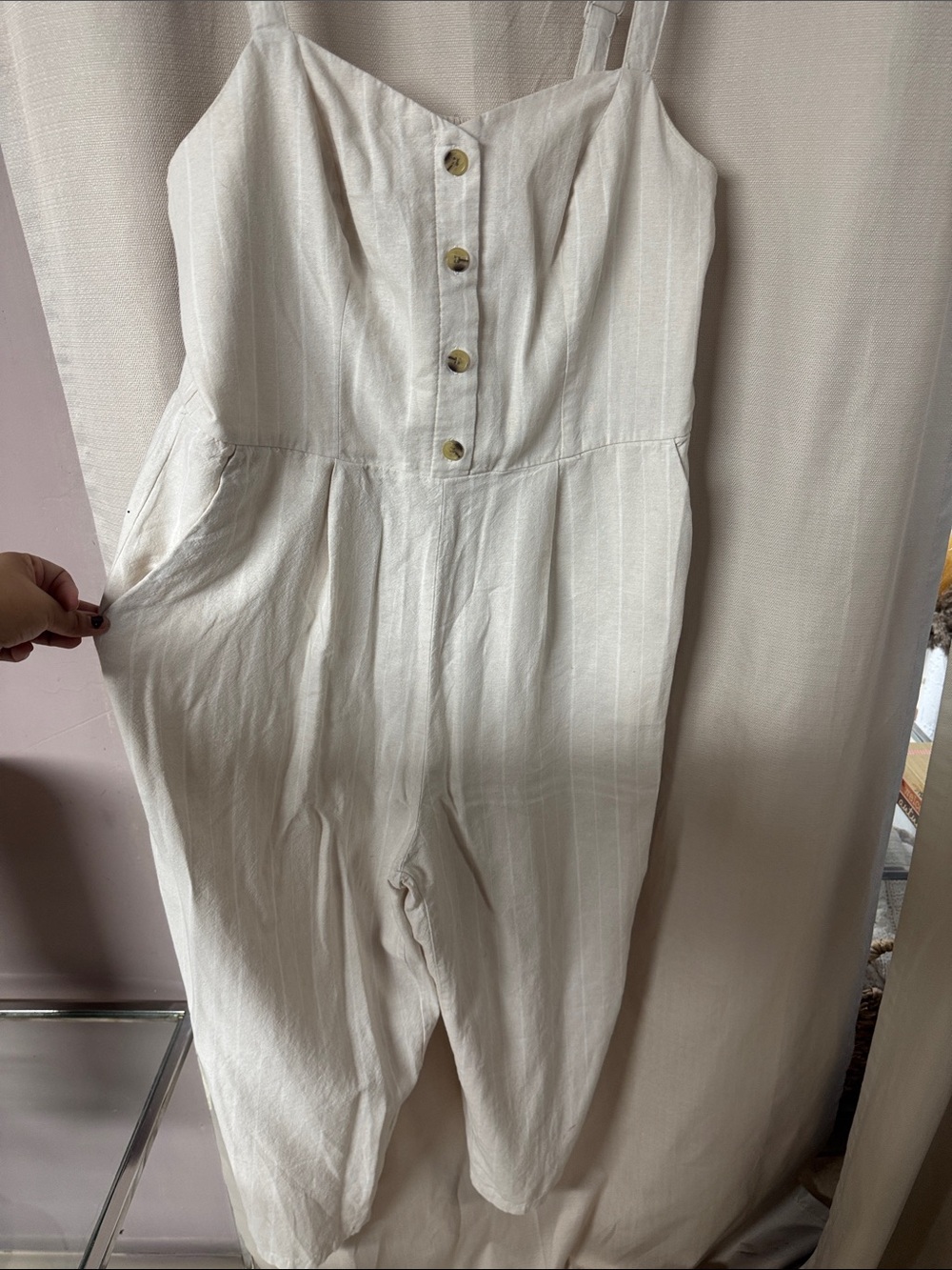 Old Navy Cream Striped Button-Front Linen-Blend Jumpsuit